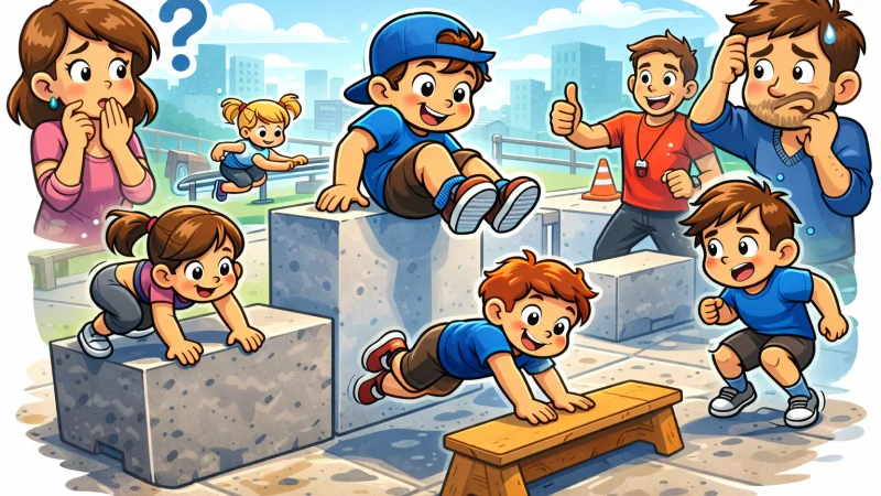 Dieťa skáče cez prekážku na parkour tréningu v telocvični
