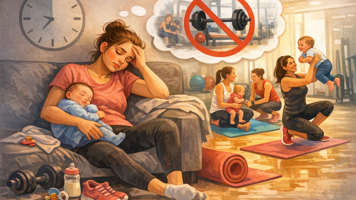 Mama cvičí v telocvični s malým dieťaťom pri sebe