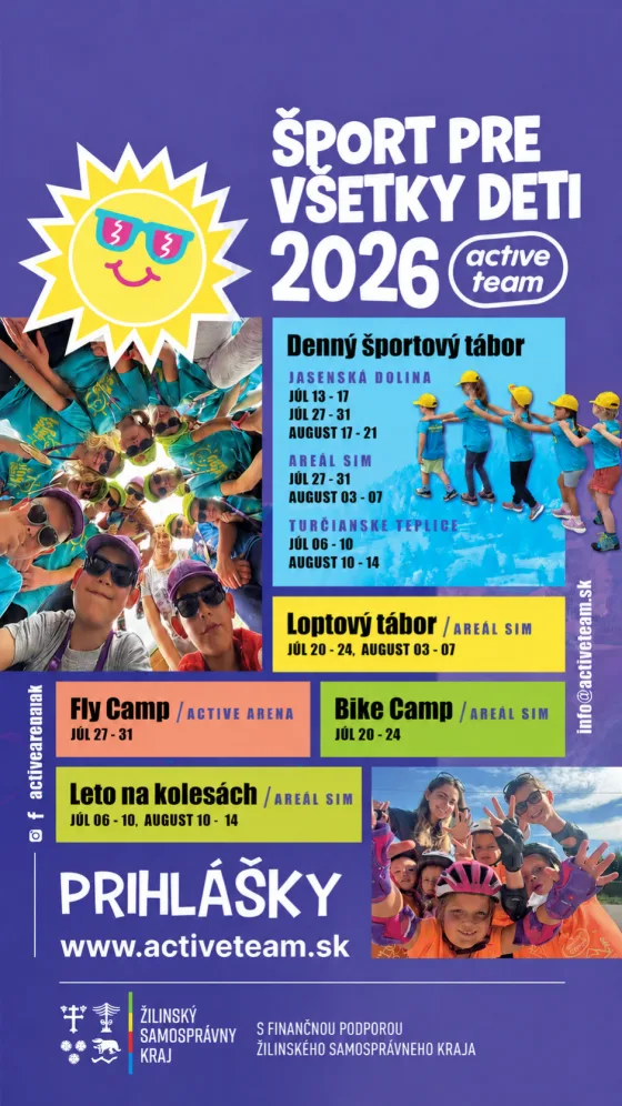 Plagát Šport pre všetky deti 2026 — letné športové tábory Active Team s finančnou podporou Žilinského samosprávneho kraja