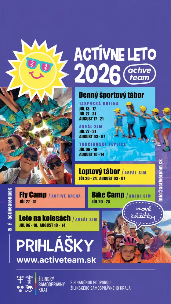 Plagát Actívne leto 2026 — letné športové tábory Active Team s finančnou podporou Žilinského samosprávneho kraja